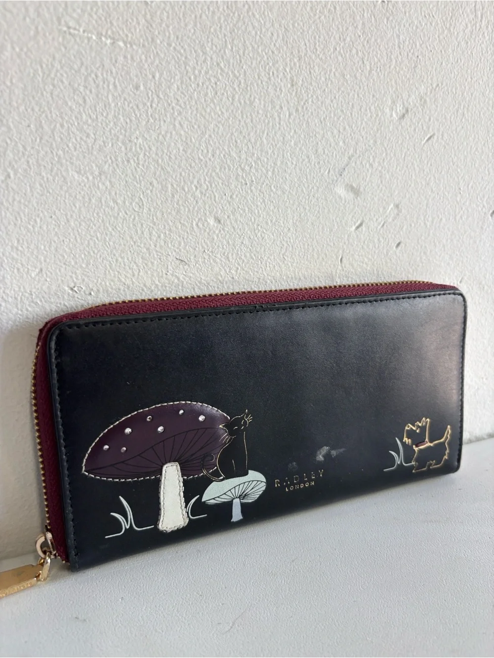 RADLEY LONDON Black & Burgundy Zip-Around Wallet with Mushroom and Dog Motif